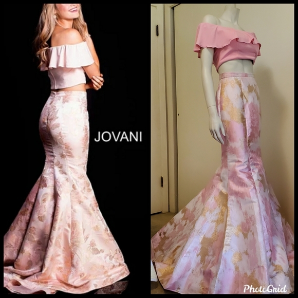 NWT Jovani Two Piece Pink Metallic Mermaid Prom Gown Size 2 - Picture 6 of 16